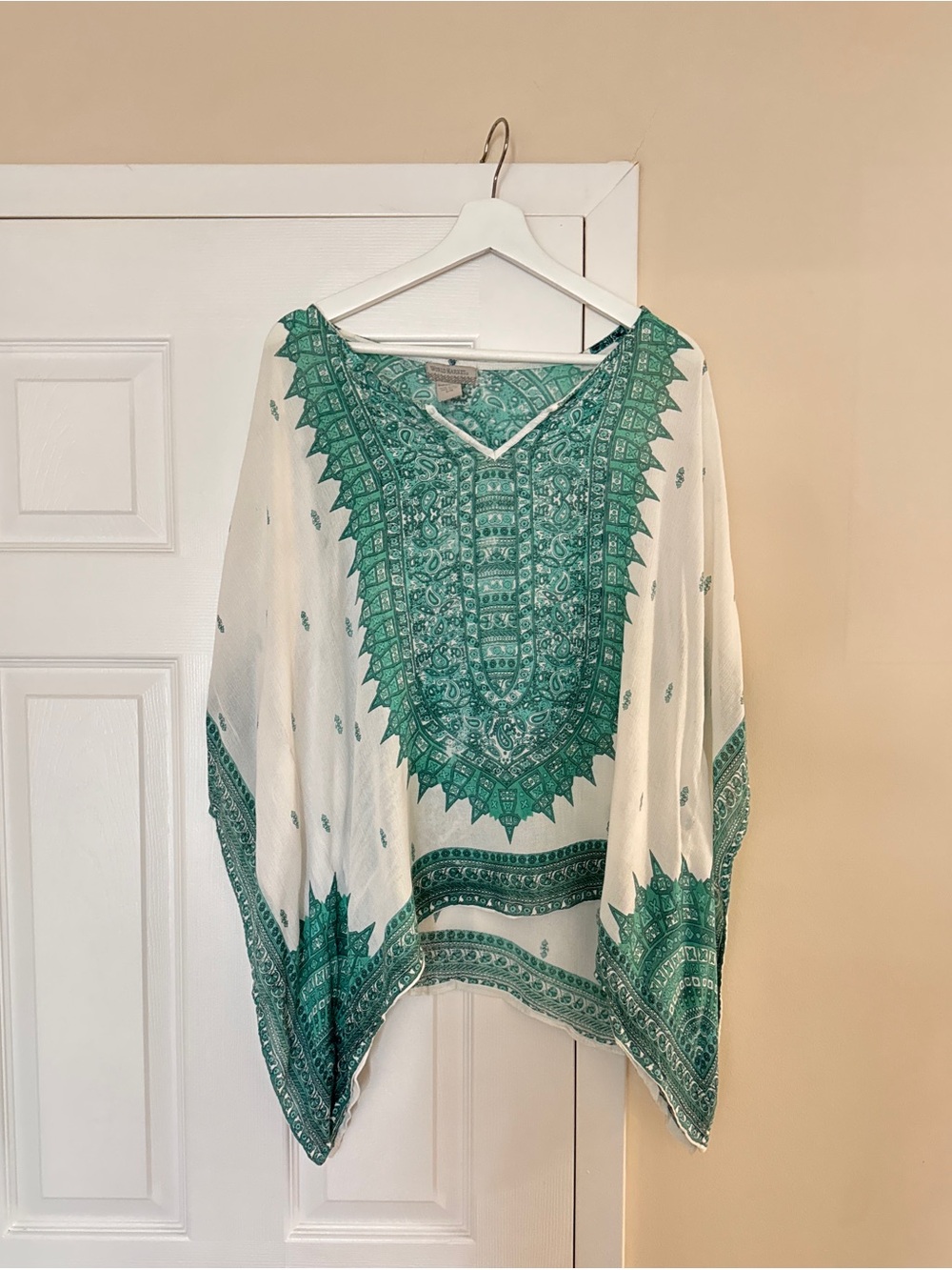 World Market White Tunic with Teal Green Embroidery Print